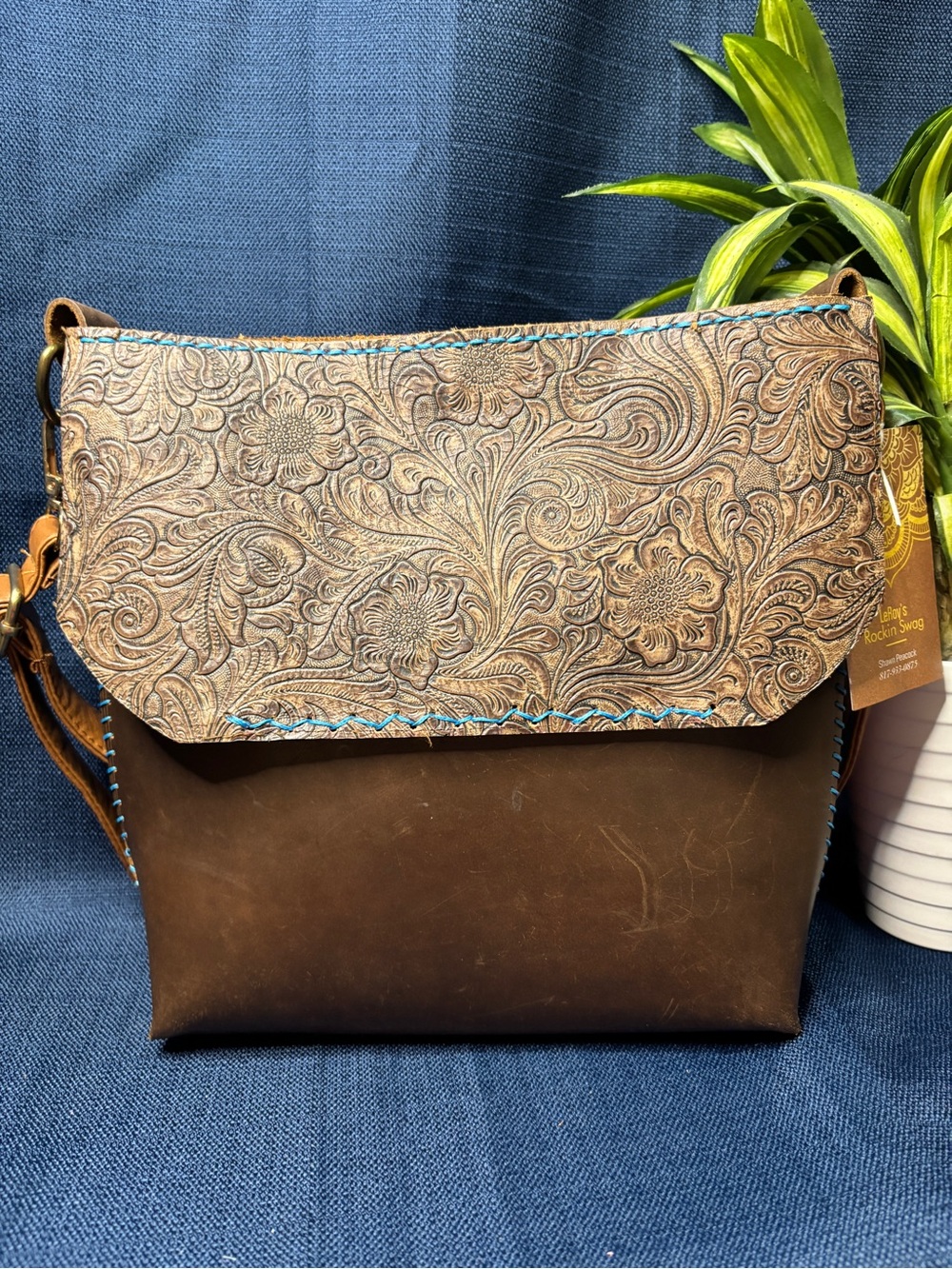 Brown Tooled Leather Crossbody Bag with Turquoise Stitching